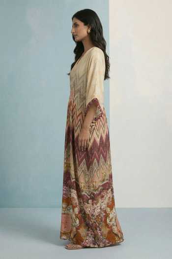 Shop_Kalista_Multi Color Viscose, Crepe V-neck Syma Printed Kaftan _Online_at_Aza_Fashions