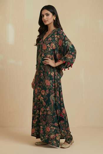 Kalista_Emerald Green Crepe, Viscose Tassels, Pom-poms V-neck Laicy Floral Print Kaftan _Online_at_Aza_Fashions