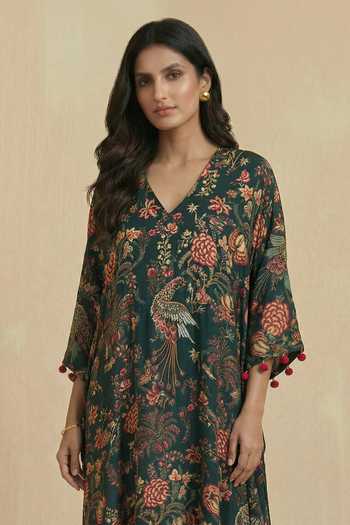 Buy_Kalista_Emerald Green Crepe, Viscose Tassels, Pom-poms V-neck Laicy Floral Print Kaftan _Online_at_Aza_Fashions