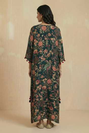 Shop_Kalista_Emerald Green Crepe, Viscose Tassels, Pom-poms V-neck Laicy Floral Print Kaftan _at_Aza_Fashions