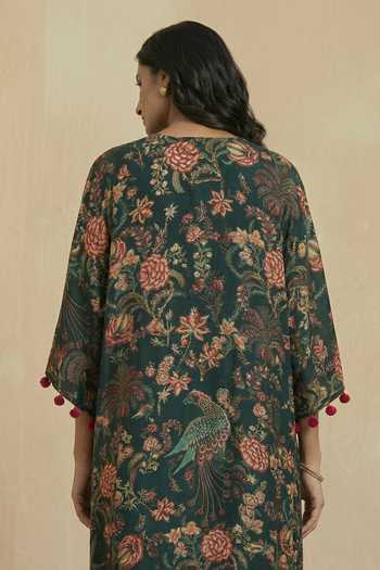Shop_Kalista_Emerald Green Crepe, Viscose Tassels, Pom-poms V-neck Laicy Floral Print Kaftan _Online_at_Aza_Fashions