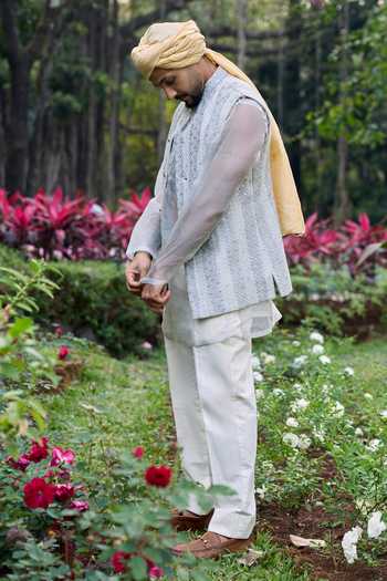 Shop_Itrh_Grey Cotton, Linen, Organza Embroidery Zoravar Bundi And Kurta Set _Online_at_Aza_Fashions