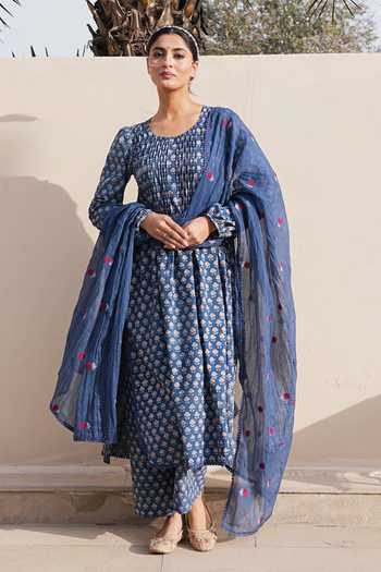 Buy_Gulabo Jaipur_Blue Cotton, Cambric Round Neck Rida Printed Kurta Set _at_Aza_Fashions