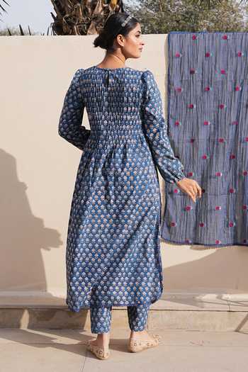 Shop_Gulabo Jaipur_Blue Cotton, Cambric Round Neck Rida Printed Kurta Set _at_Aza_Fashions