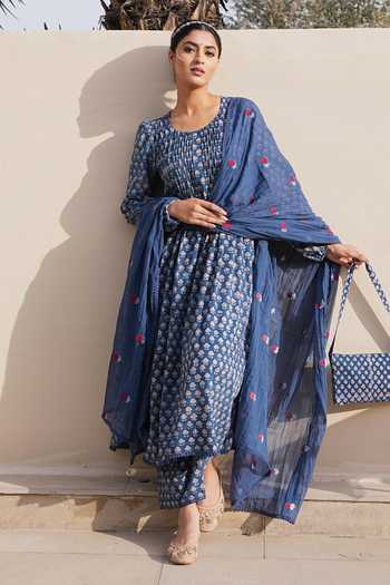 Gulabo Jaipur_Blue Cotton, Cambric Round Neck Rida Printed Kurta Set _Online_at_Aza_Fashions