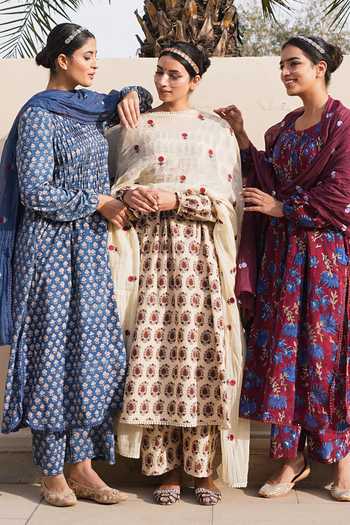 Gulabo Jaipur_Blue Cotton, Cambric Round Neck Rida Printed Kurta Set _at_Aza_Fashions