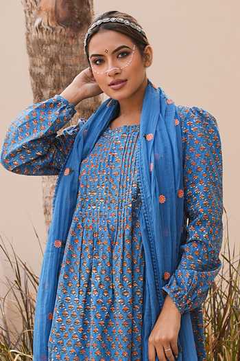 Buy_Gulabo Jaipur_Blue Cotton, Cambric Round Neck, Yes Rida Printed Kurta Set _Online_at_Aza_Fashions