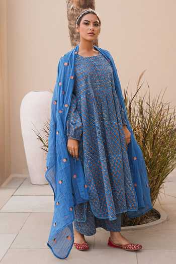 Shop_Gulabo Jaipur_Blue Cotton, Cambric Round Neck, Yes Rida Printed Kurta Set _Online_at_Aza_Fashions