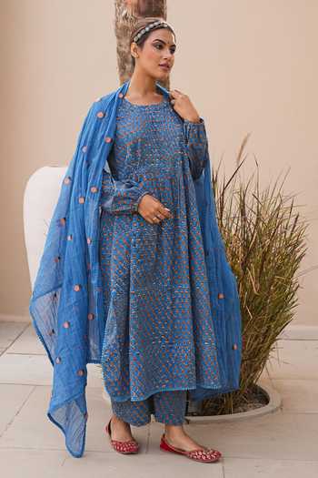 Gulabo Jaipur_Blue Cotton, Cambric Round Neck, Yes Rida Printed Kurta Set _at_Aza_Fashions
