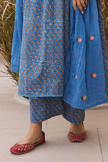 Gulabo Jaipur_Blue Cotton, Cambric Round Neck, Yes Rida Printed Kurta Set _Online