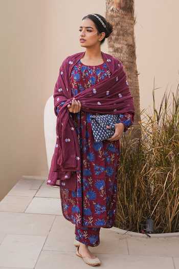 Gulabo Jaipur_Wine Cambric, Cotton Round Neck Rida Floral Print Kurta Set _at_Aza_Fashions