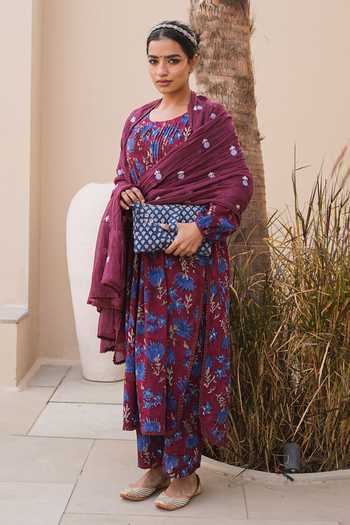 Shop_Gulabo Jaipur_Wine Cambric, Cotton Round Neck Rida Floral Print Kurta Set 