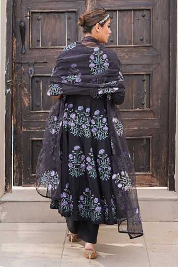 Shop_Gulabo Jaipur_Black Cotton, Cambric Embroidery V-neck Wafa Floral Print Anarkali Set _at_Aza_Fashions