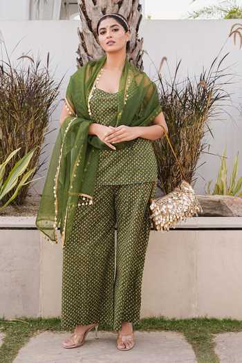 Shop_Gulabo Jaipur_Olive Green Cotton, Cambric Scoop Neck Gulrukh Printed Kurta Set 