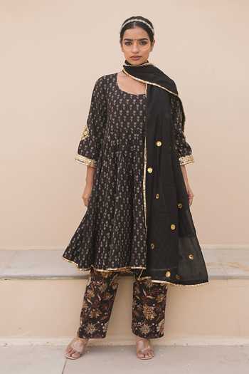 Buy_Gulabo Jaipur_Black Cotton, Cambric Embroidery, Zari, Mirrors Ira Printed Anarkali Pant Set _at_Aza_Fashions