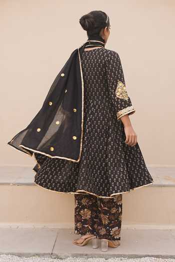 Shop_Gulabo Jaipur_Black Cotton, Cambric Embroidery, Zari, Mirrors Ira Printed Anarkali Pant Set _at_Aza_Fashions