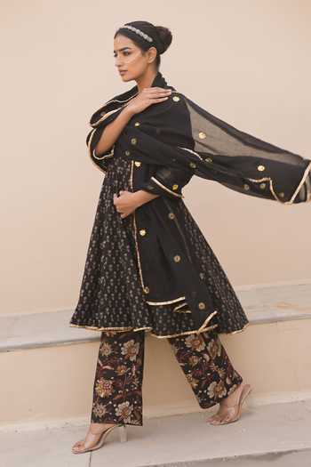 Buy_Gulabo Jaipur_Black Cotton, Cambric Embroidery, Zari, Mirrors Ira Printed Anarkali Pant Set _Online_at_Aza_Fashions