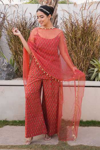Gulabo Jaipur_Red Cotton, Cambric Tassels Square Neck Gulrukh Printed Kurta Set _Online_at_Aza_Fashions