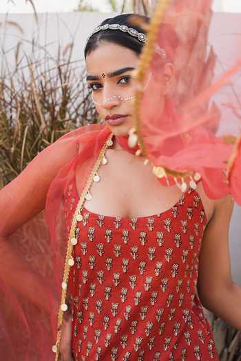 Shop_Gulabo Jaipur_Red Cotton, Cambric Tassels Square Neck Gulrukh Printed Kurta Set _Online_at_Aza_Fashions