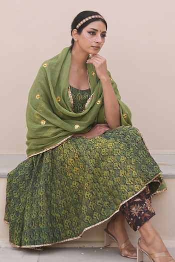 Shop_Gulabo Jaipur_Green Cotton, Cambric Gota Patti, Sequins Scoop Neck Ira Printed Anarkali Set _Online_at_Aza_Fashions
