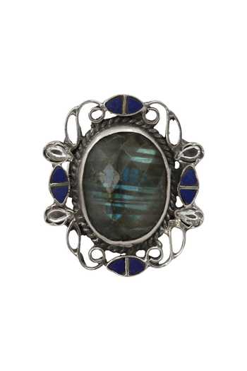 Buy_Sangeeta Boochra_Silver Plated Oval Labradorite Stone Embellished Ring _Online_at_Aza_Fashions