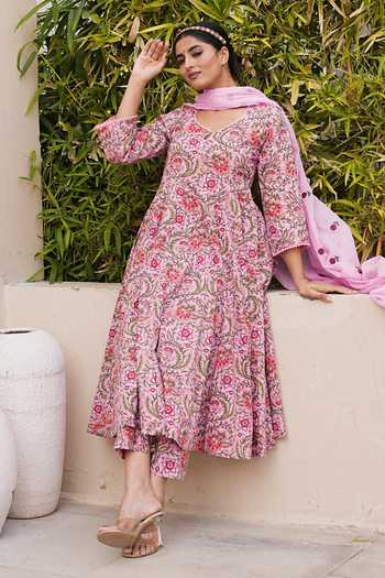 Buy_Gulabo Jaipur_Pink Cotton, Cambric Round Neck Arwa Printed Anarkali Set _at_Aza_Fashions
