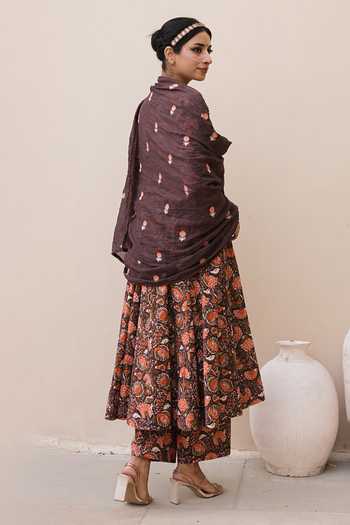 Shop_Gulabo Jaipur_Brown Cotton, Cambric Arwa Flower Print Anarkali Set _at_Aza_Fashions