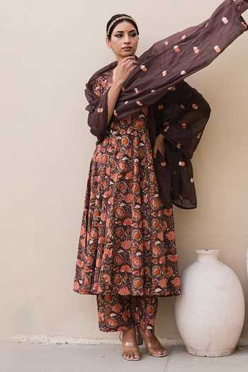 Buy_Gulabo Jaipur_Brown Cotton, Cambric Arwa Flower Print Anarkali Set _Online_at_Aza_Fashions
