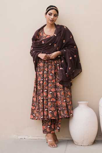 Shop_Gulabo Jaipur_Brown Cotton, Cambric Arwa Flower Print Anarkali Set _Online_at_Aza_Fashions