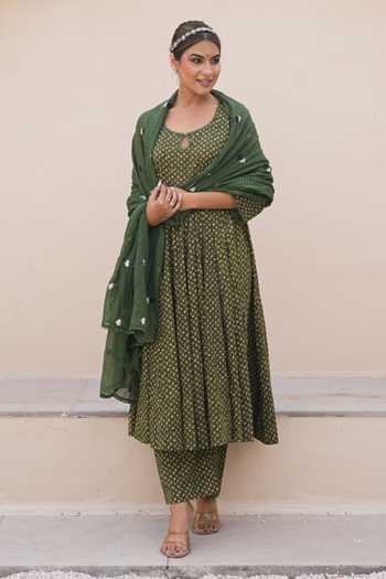 Buy_Gulabo Jaipur_Green Cotton, Cambric Mirrors Keyhole Neck Arwa Printed Anarkali Set _at_Aza_Fashions