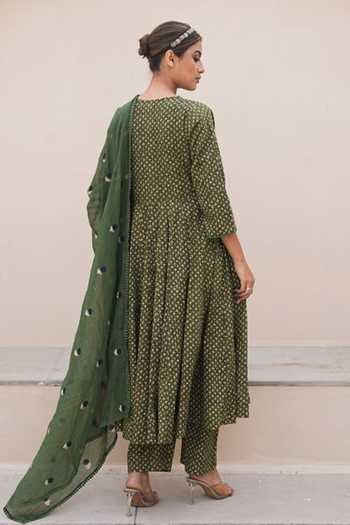 Shop_Gulabo Jaipur_Green Cotton, Cambric Mirrors Keyhole Neck Arwa Printed Anarkali Set _at_Aza_Fashions