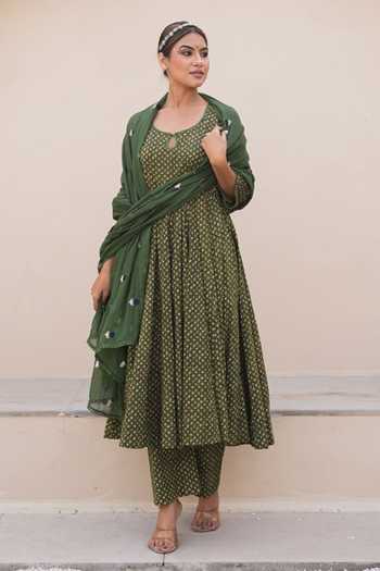 Gulabo Jaipur_Green Cotton, Cambric Mirrors Keyhole Neck Arwa Printed Anarkali Set _Online_at_Aza_Fashions