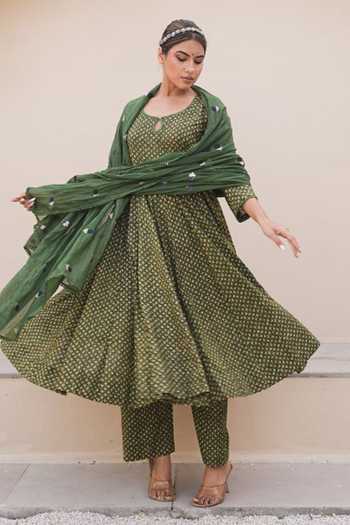 Buy_Gulabo Jaipur_Green Cotton, Cambric Mirrors Keyhole Neck Arwa Printed Anarkali Set _Online_at_Aza_Fashions