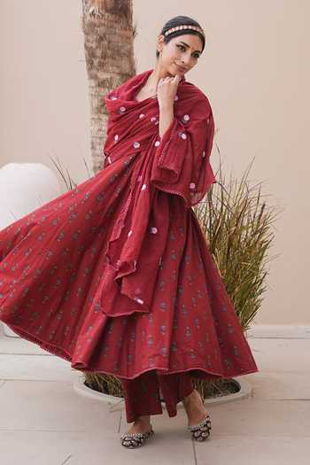 Shop_Gulabo Jaipur_Maroon Cotton, Cambric Embroidery Arwa Floral Print Anarkali Set _at_Aza_Fashions