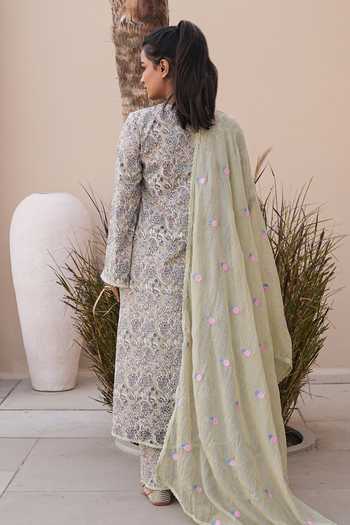 Shop_Gulabo Jaipur_Green Cotton, Cambric Embroidery Split V-neck, Yes Afsana Printed Kurta Set _at_Aza_Fashions