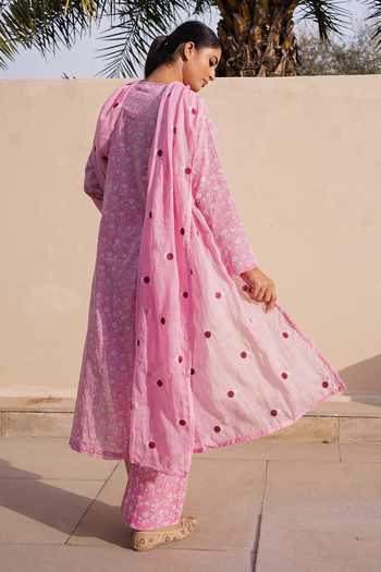 Shop_Gulabo Jaipur_Pink Cotton, Cambric Keyhole Neck Afsana Printed Kurta Pant Set _at_Aza_Fashions