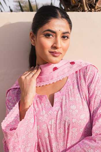 Gulabo Jaipur_Pink Cotton, Cambric Keyhole Neck Afsana Printed Kurta Pant Set _Online_at_Aza_Fashions
