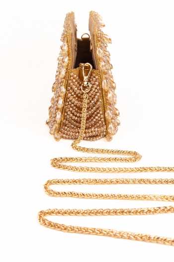 House Of Kosha_Gold Beads, Crystals, Fringe Amyra Suede Handcrafted Clutch _Online_at_Aza_Fashions