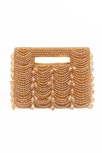 Shop_House Of Kosha_Gold Beads, Crystals, Fringe Amyra Suede Handcrafted Clutch _at_Aza_Fashions