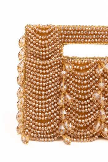 Shop_House Of Kosha_Gold Beads, Crystals, Fringe Amyra Suede Handcrafted Clutch _Online_at_Aza_Fashions