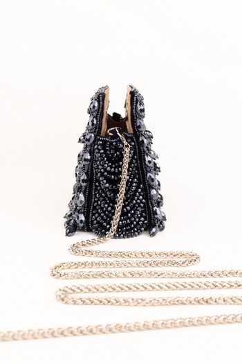 House Of Kosha_Navy Beads, Crystals, Fringe Amyra Suede Handcrafted Clutch _Online_at_Aza_Fashions