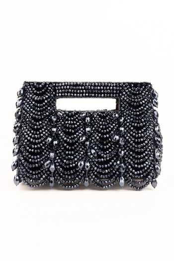 Shop_House Of Kosha_Navy Beads, Crystals, Fringe Amyra Suede Handcrafted Clutch _at_Aza_Fashions