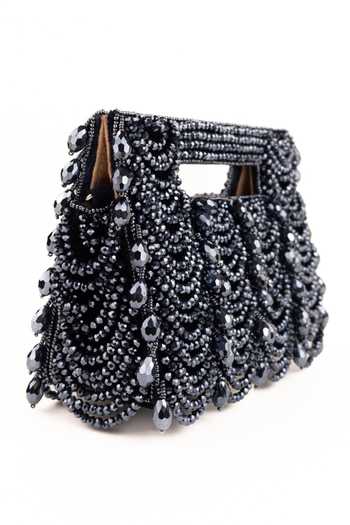 Buy_House Of Kosha_Navy Beads, Crystals, Fringe Amyra Suede Handcrafted Clutch _Online_at_Aza_Fashions