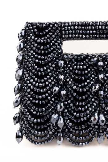 Shop_House Of Kosha_Navy Beads, Crystals, Fringe Amyra Suede Handcrafted Clutch _Online_at_Aza_Fashions