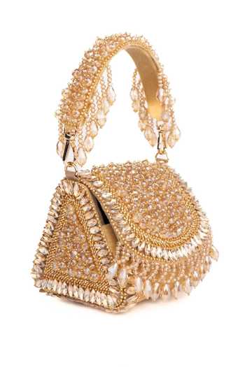 House Of Kosha_Gold Beads, Pearls, Crystals, Tassels Josy Suede Embellished Mini Bag _Online_at_Aza_Fashions