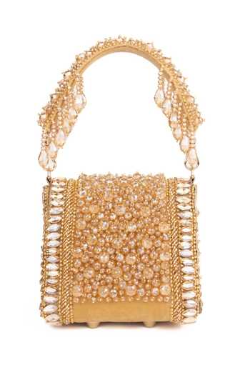 Shop_House Of Kosha_Gold Beads, Pearls, Crystals, Tassels Josy Suede Embellished Mini Bag _at_Aza_Fashions