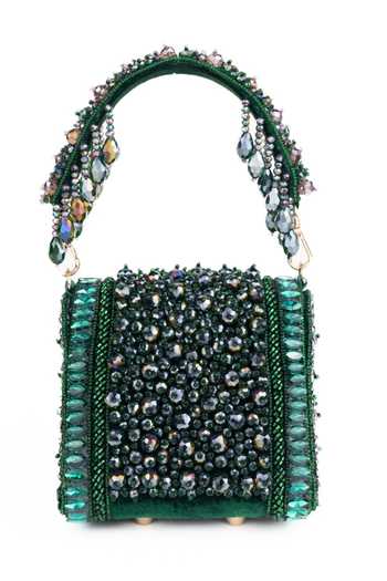 Shop_House Of Kosha_Gold Beads, Stones, Crystals, Tassels Josy Suede Embellished Mini Bag _at_Aza_Fashions