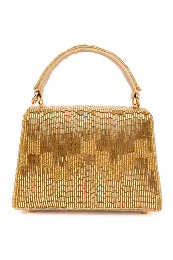 Shop_House Of Kosha_Gold Beads, Fringe Bushra Suede Handcrafted Box Bag _at_Aza_Fashions