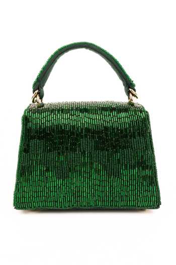 Shop_House Of Kosha_Gold Beads, Tassels, Fringe Bushra Suede Handcrafted Box Bag _at_Aza_Fashions