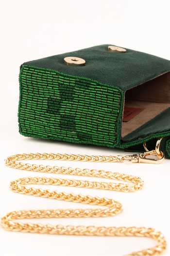 Shop_House Of Kosha_Gold Beads, Tassels, Fringe Bushra Suede Handcrafted Box Bag _Online_at_Aza_Fashions
